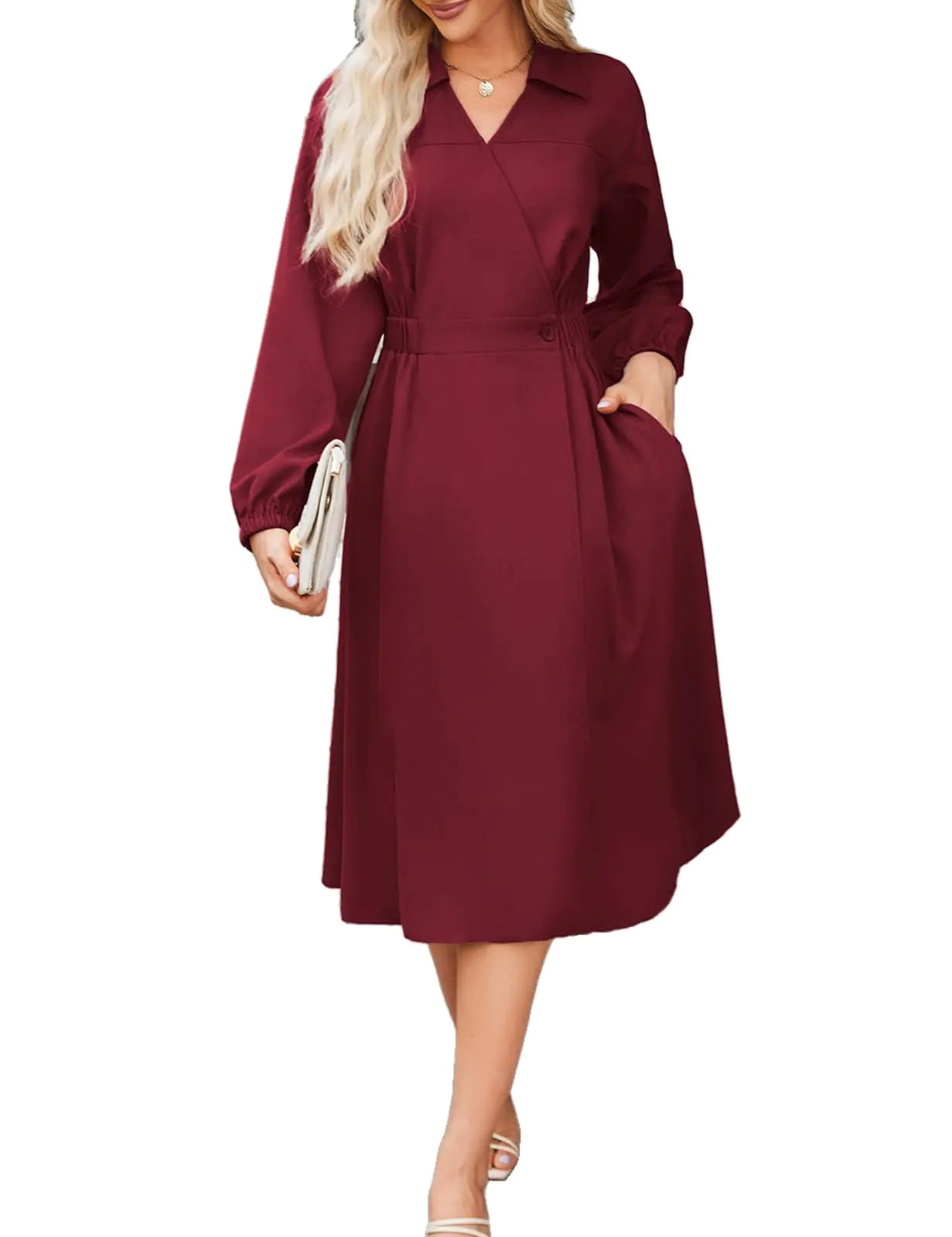 Wrap Dress for Women Long Sleeve Shirt Dress V Neck A Line Midi Dress with Pockets Fall Winter Coat Dress Wine Red