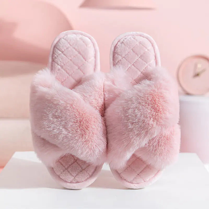 Furry Cross-Strap Slippers for Women - Plush Indoor Slides