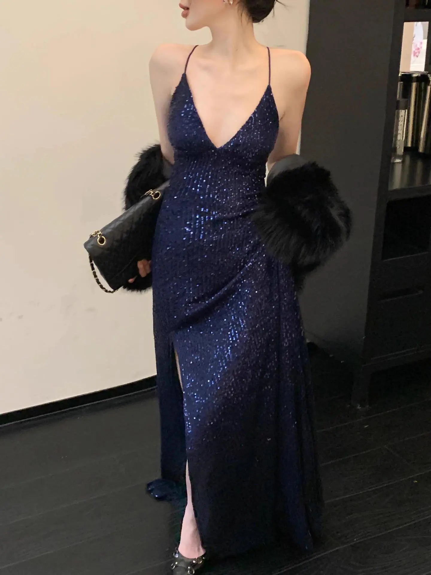 "Elegant V-Neck Sequin Maxi Dress for Women"