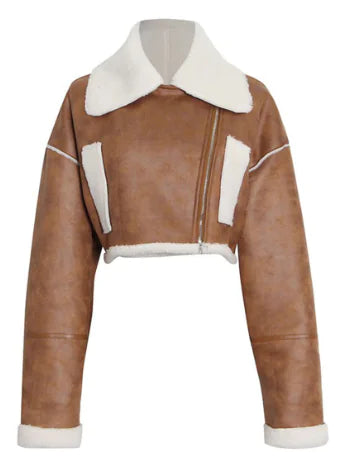 Faux Fur Lined Short Leather Jacket for Women