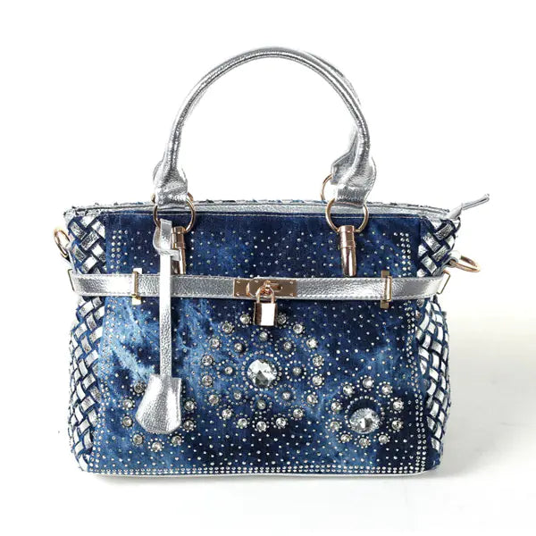 Inlaid Glass Rhinestone Denim Messenger Bag for Women
