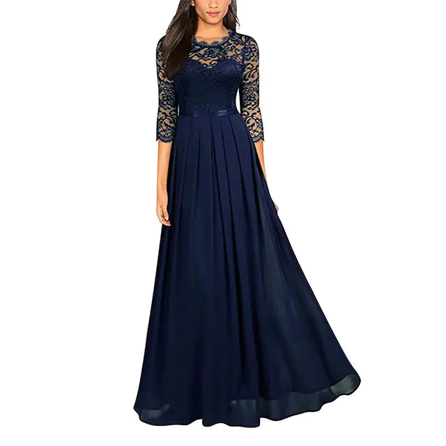 Chiffon Lace Evening Dress with Round Neck for Women