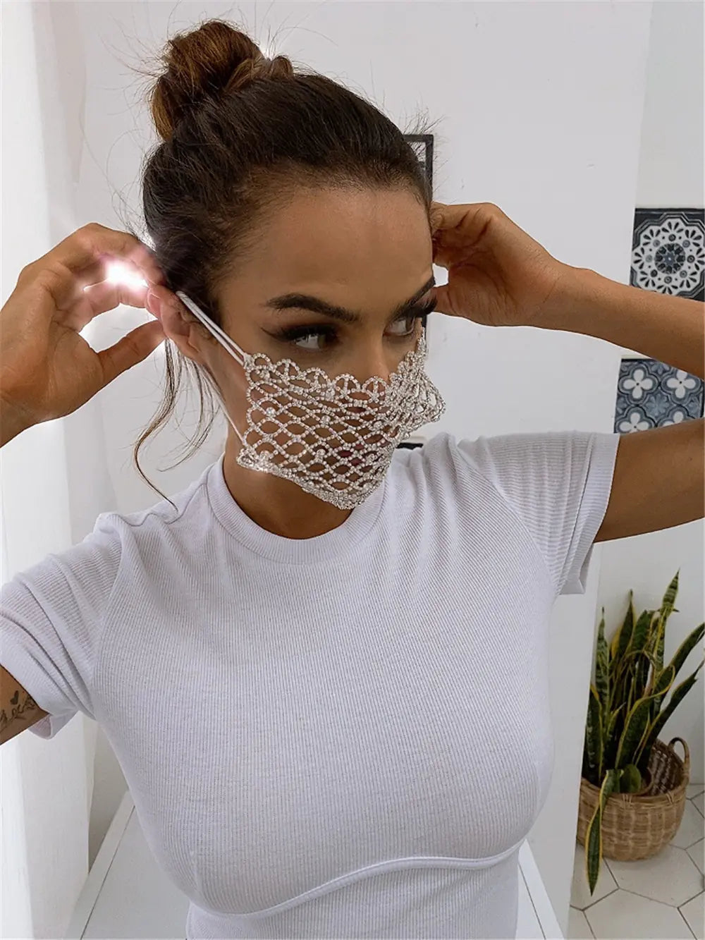 Women's Fashion Mask with Metal Rhinestone Decoration