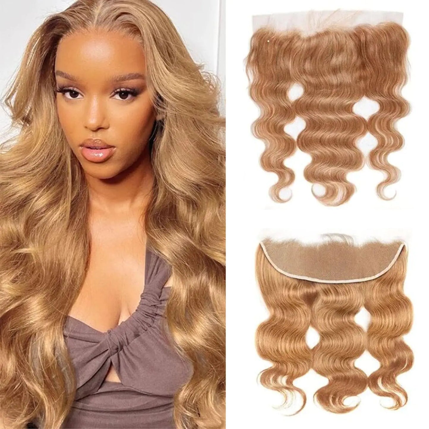 13X4 Frontal Human Hair Blonde Frontal 18 Inch Transparent Lace Ear To Ear Lace Frontal #27 Blonde Body Wave Brazilian Remy Human Hair High Density Natural Hairline With Baby Hair Grade 10A