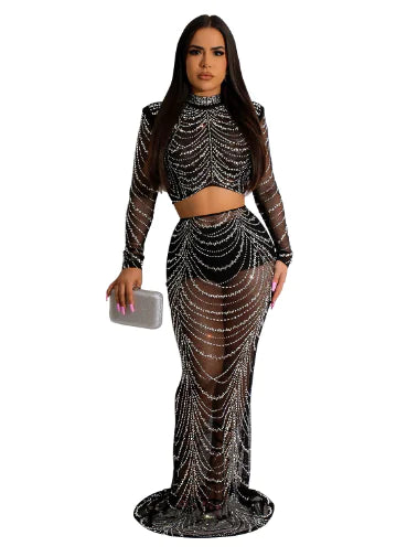 Rhinestone Sheer Top and High Waist Skirt Set