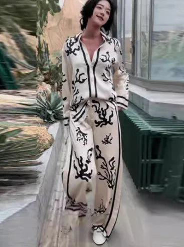 Elegant Women's Pants Set with Loose Lapel Shirt (One Set)