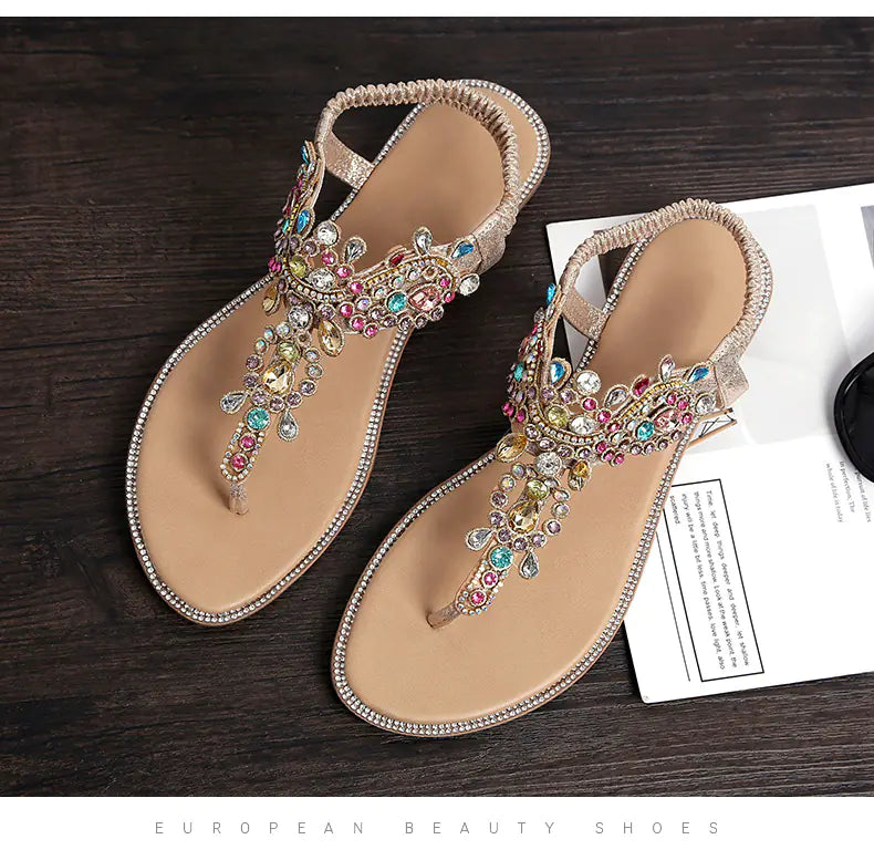 Colorful Rhinestone Flat Sandals with Round Toe