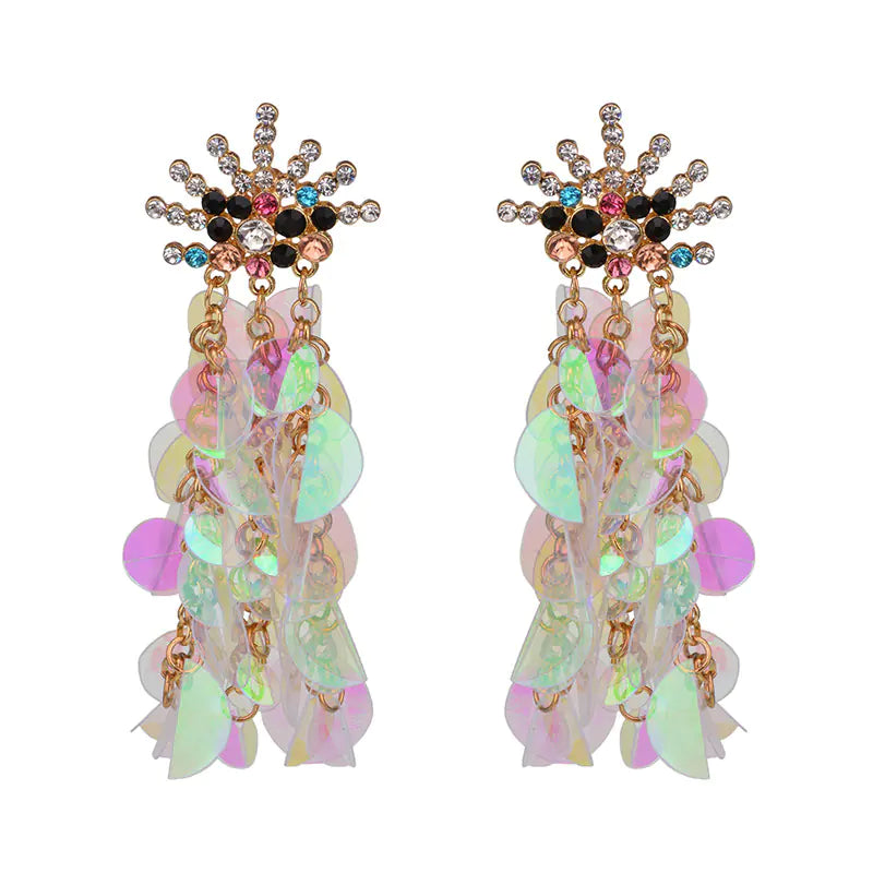 Luxury Sequin Tassel Earrings with Rhinestone Studs