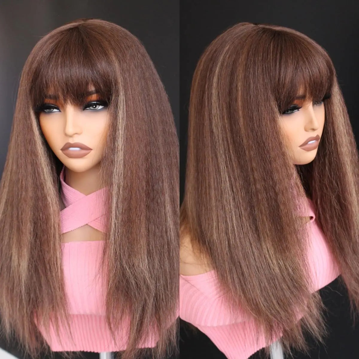 18" Bangs Kinky Straight Brown Highlights Lace Wigs For Women Chocolate Brown Lace Yaki hair Lace Frontal Synthetic Wig (Yaki 4/27#)