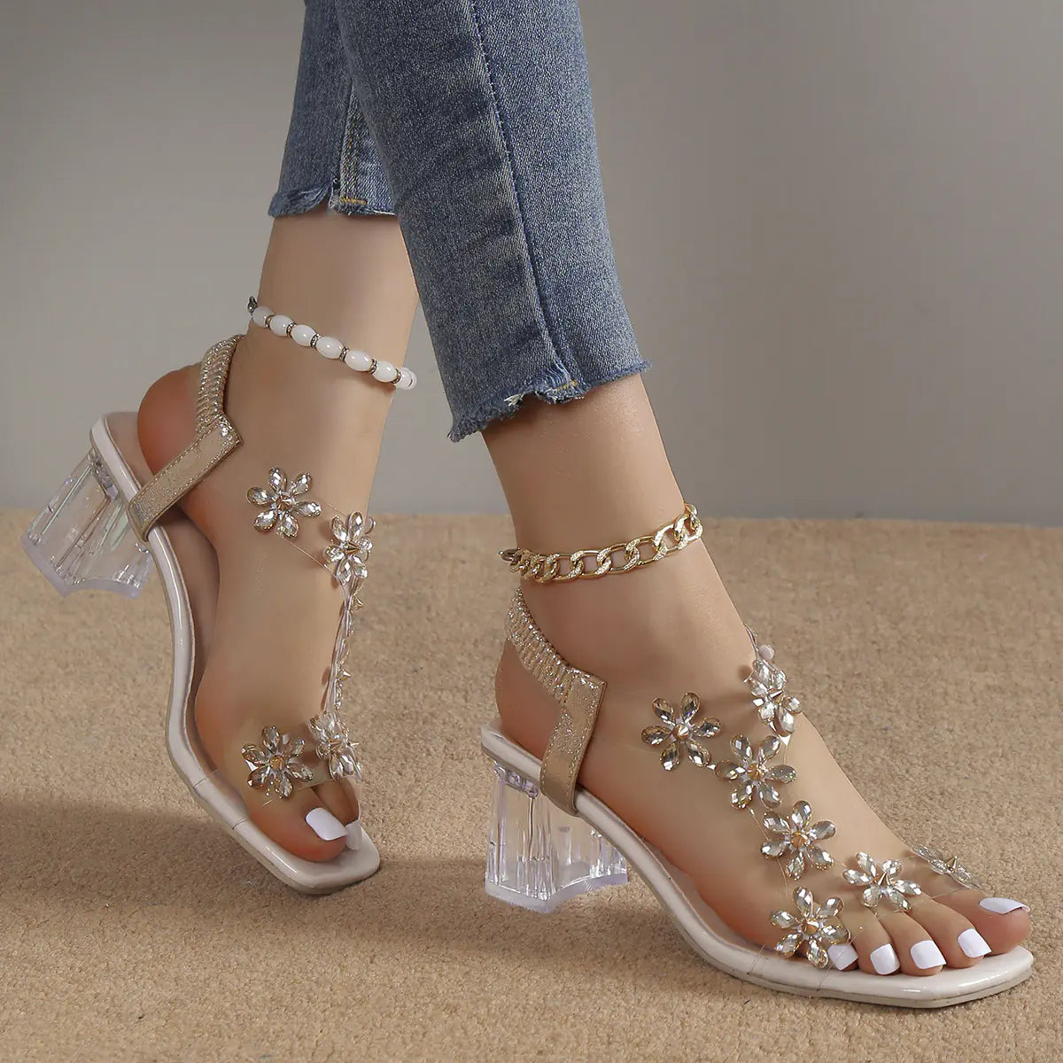 Summer Rhinestone Chunky Heel Sandals for Women