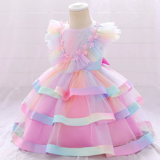 Rainbow Gradient Fluffy Mesh Sequined Princess Skirt