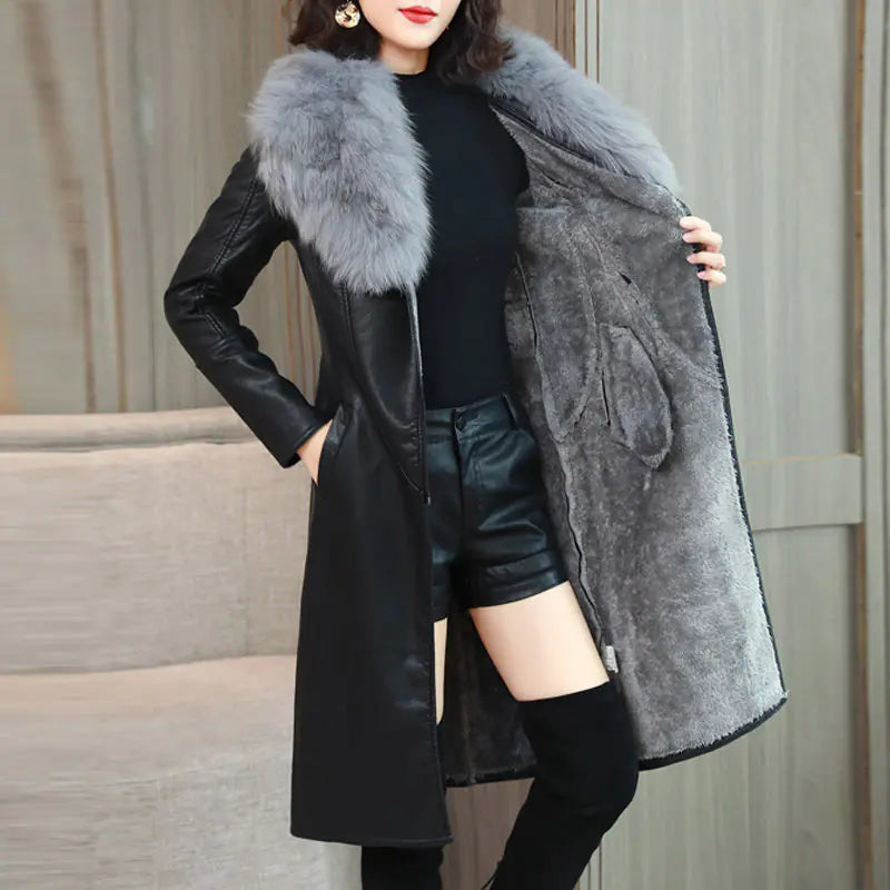 Faux Fur Collar PU Leather Jacket for Women