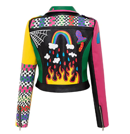 Trendy Color-blocked PU Leather Jacket for Women