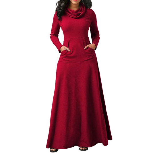 Womens Turtleneck Maxi Dress Casual Long Sleeve Fall Winter Elegant Solid Plus Size Swing Long Dresses with Pocket Red