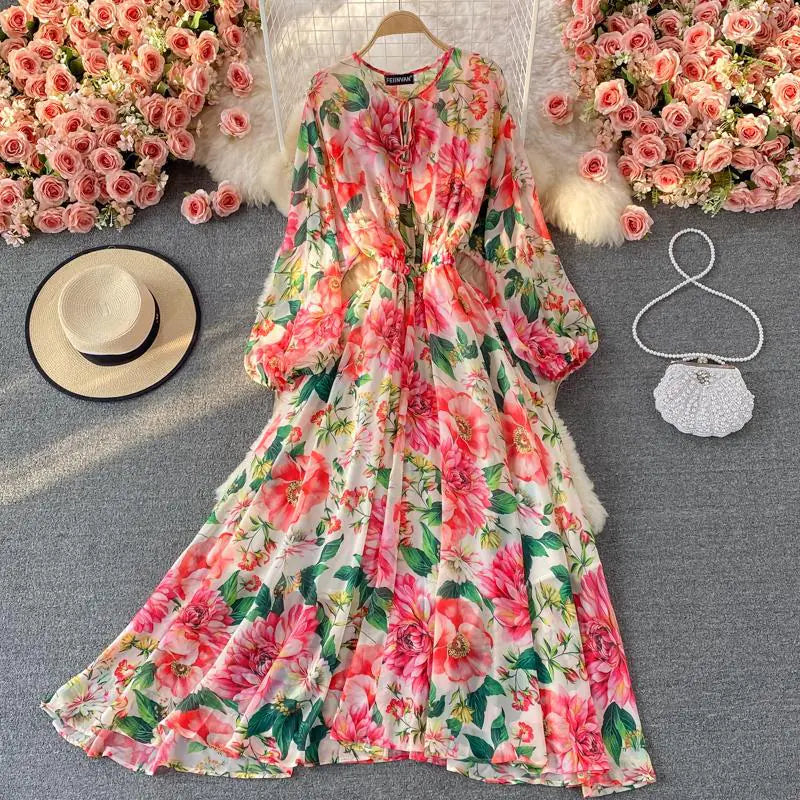 Feminine Round Neck Printed Chiffon Swing Dress