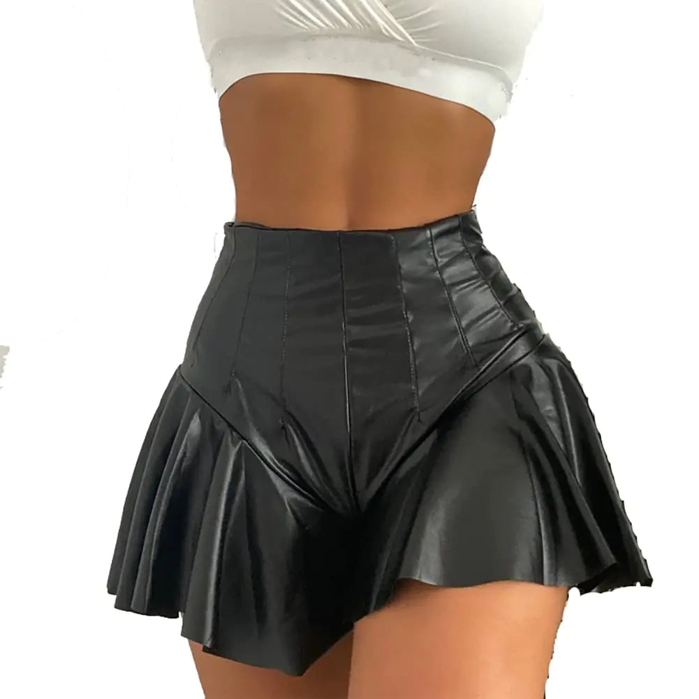 Womens Shiny PU Leather Shorts High Waist Ruffle Dance Bottoms Booty Shorts Rave Mini Hot Pants Black-Ruffle Large