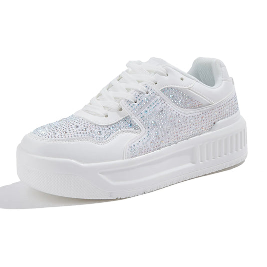 Womens Platform Sneakers Sparkle Rhinestone Chunky Shoes White Leather Low Top Tennis Shoes Lace Up Casual Walking Shoes（White Rhinestone9）