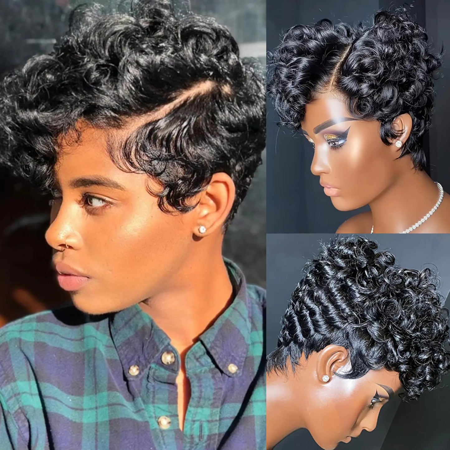 13x4x1 T Part Lace Frontal Wig Pixie Cut Lace Frontal Wigs for Black Women Brazilian Curly Wavy Virgin Human Hair Lace Front Wigs for Women Short Layered Pixie wigs for Women(natural black)