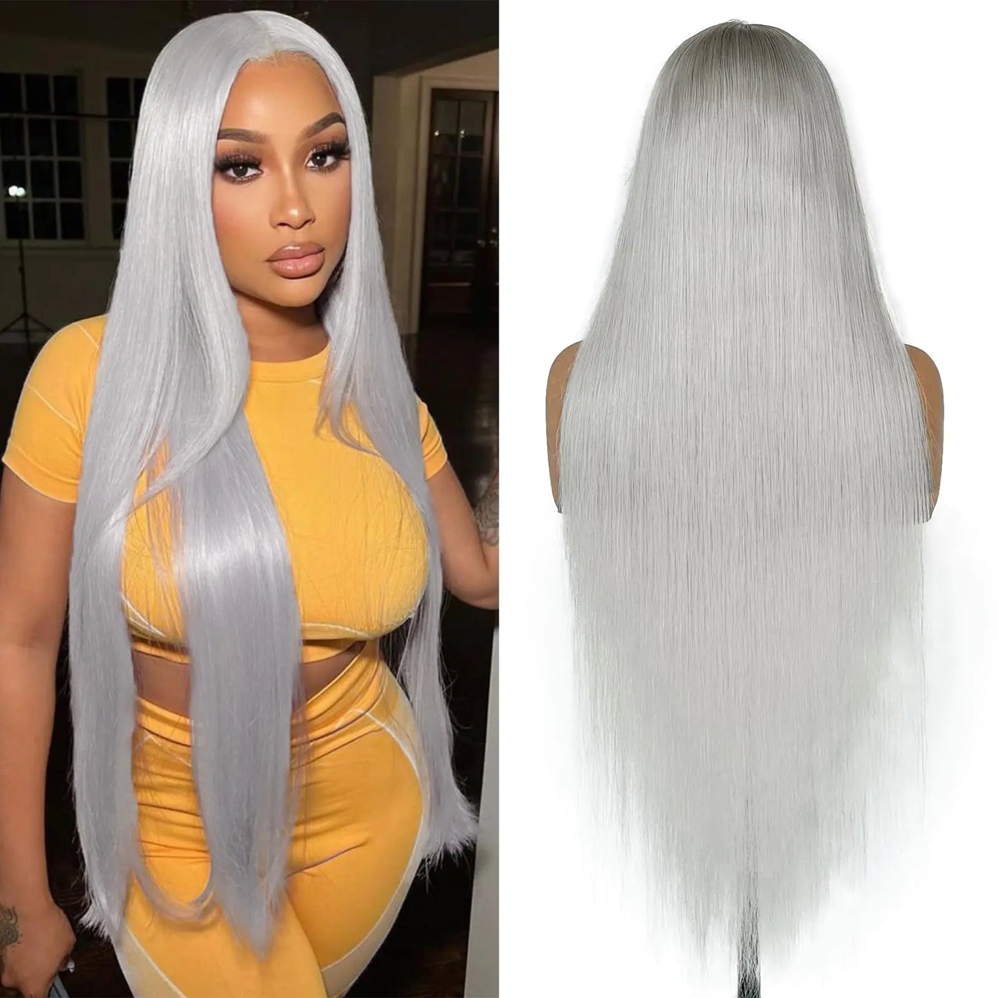 30 Inch Silver Grey Lace Front Wigs Human Hair Pre Plucked Straight Grey Human Hair 13x4 HD Transparent Lace Frontal Wig Glueless Silver Lace Front Wigs for Black&White Women 180 Density