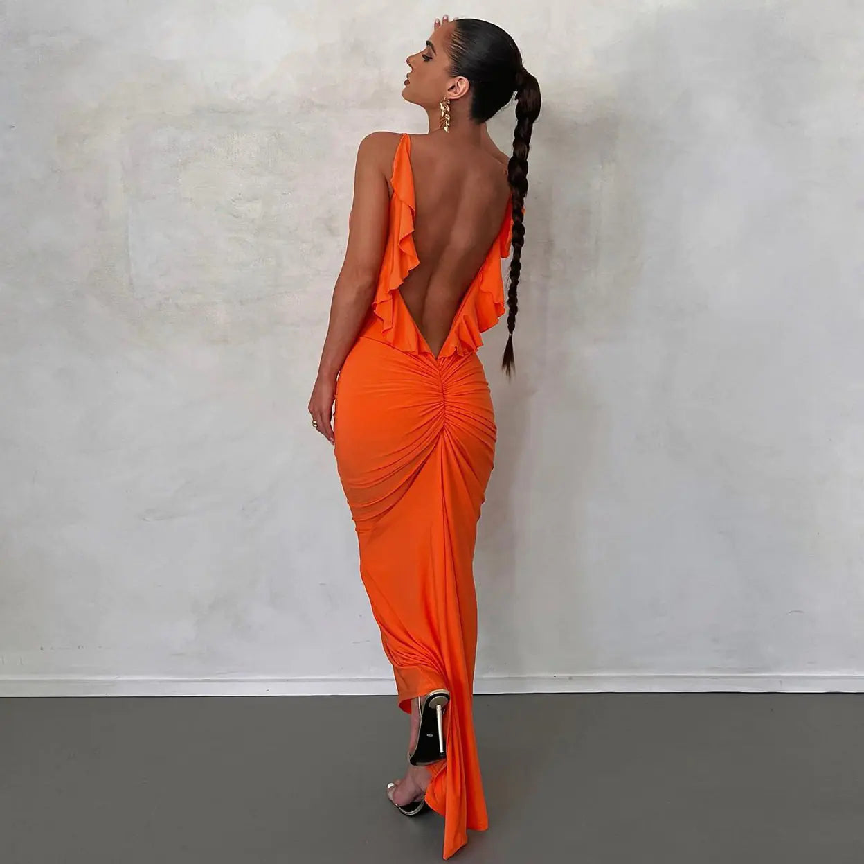 Ruffled Backless Bodycon Dress with V-Neck