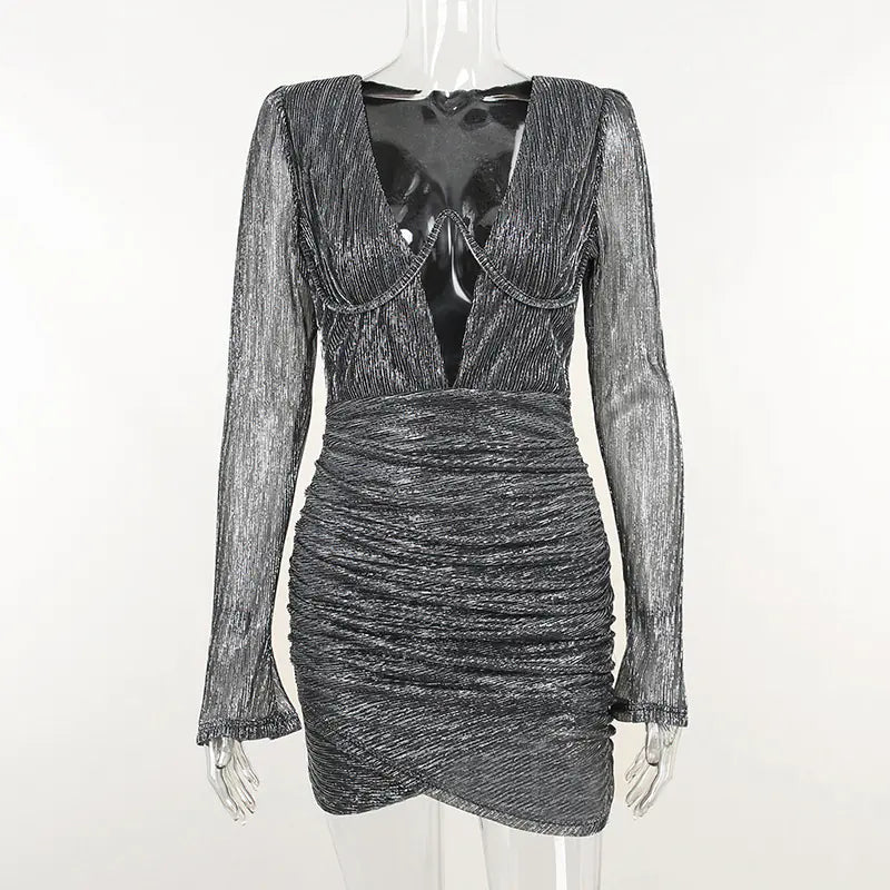 Deep V-neck Pleated Sheath Dress with Shoulder Pads