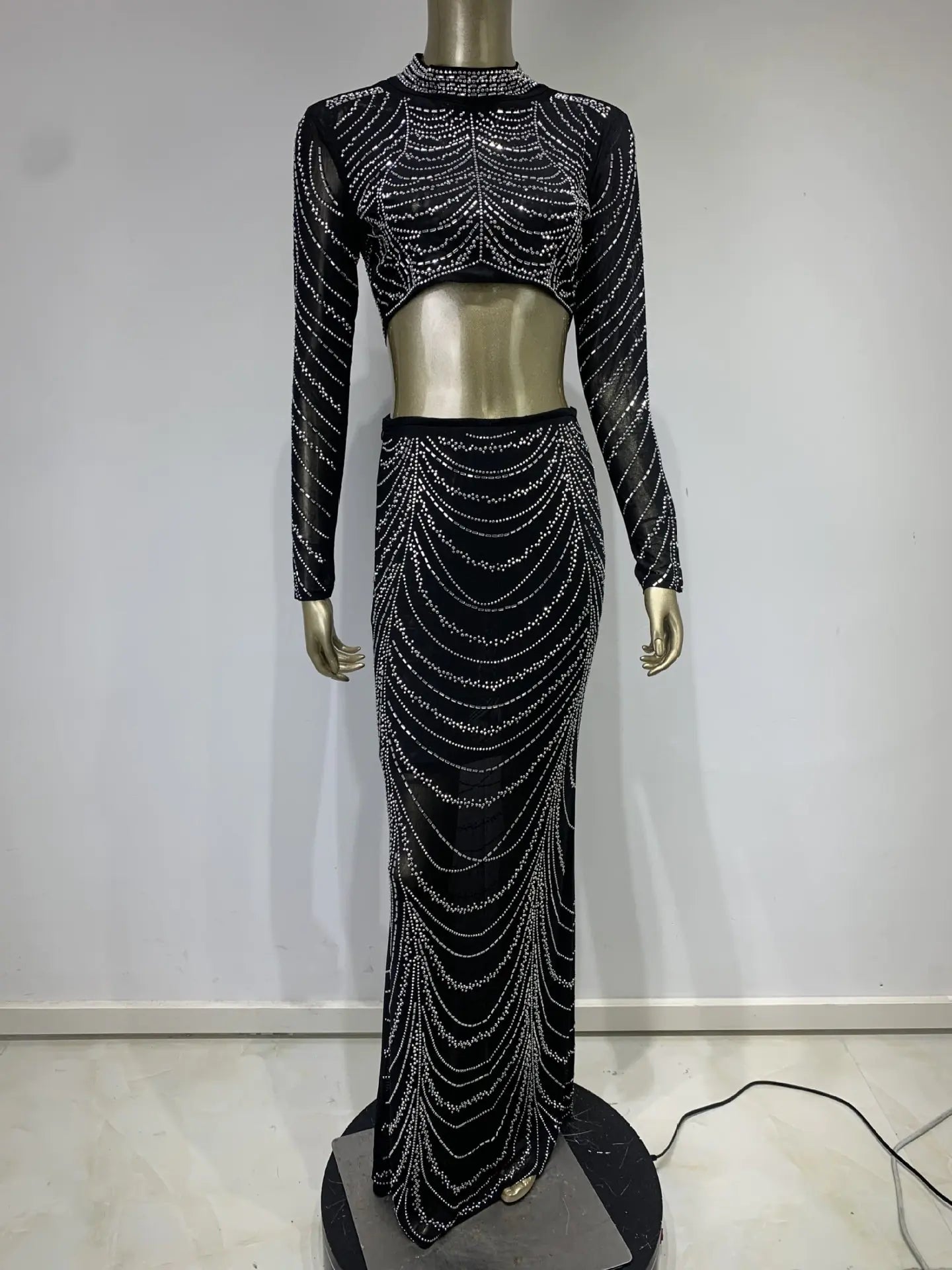 Rhinestone Sheer Top and High Waist Skirt Set