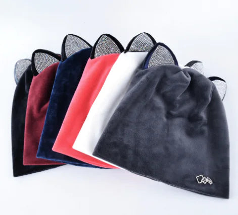 Cat Ear Rhinestone Beanie Hat for Women