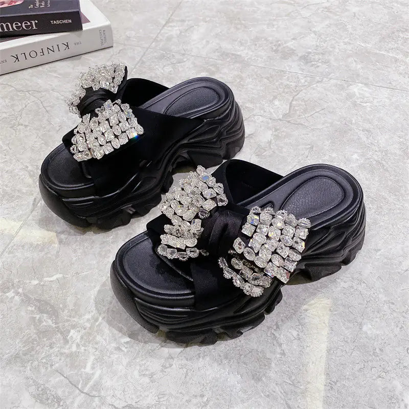 Rhinestone Bow Platform Slip-on Sandals for Women