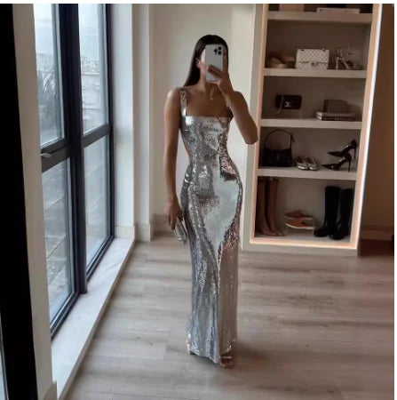 Silver Maxi Dress with Square Neck and Backless Design