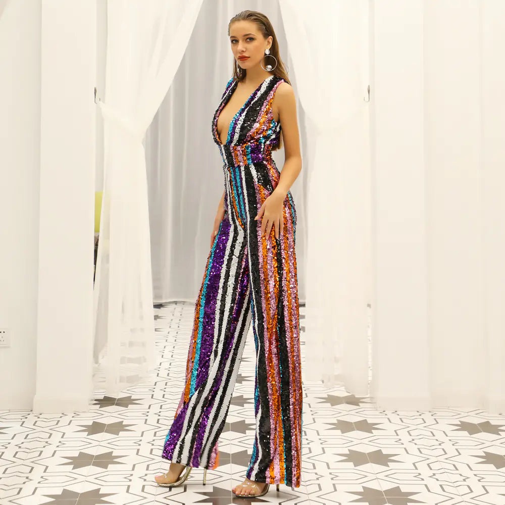 Sexy Deep V Striped Sequin Backless Jumpsuit