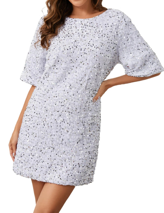 Womens Sparkly Sequin Shirt Mini Dress Party Club Dress Half Sleeve Crewneck Tie Backless Velvet Glitter Dresses White