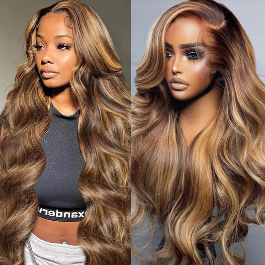 26 Inch Highlight 13x6 HD Lace Front Wigs Human Hair P4/27 Honey Blonde Lace Frontal Wig 180% Density Ombre Body Wave Wig Pre Plucked with Baby Hair Honey Blonde Wig Human Hair 13x6