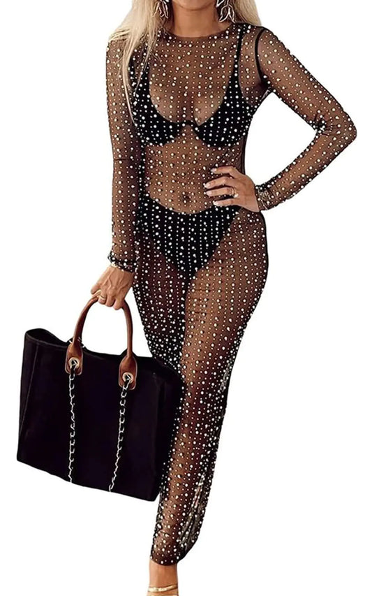 Womens Sheer Mesh Pearl Rhinestone Cover Up Beach Dress Swimwear Bikini Swimsuit Bathing Suit Coverups Black 3XL