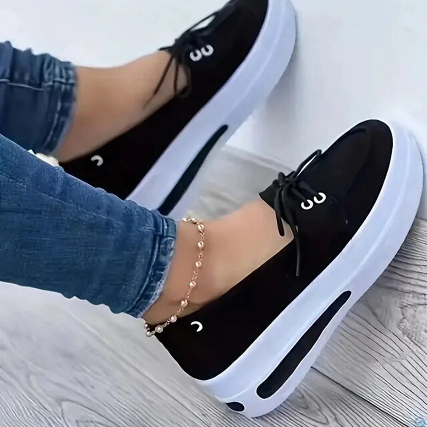 Women Block Shoes Slip On Closed Toe Platform Flat Wedge Casual Lace Up Sneakers