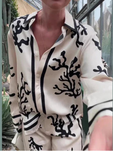 Elegant Women's Pants Set with Loose Lapel Shirt (One Set)