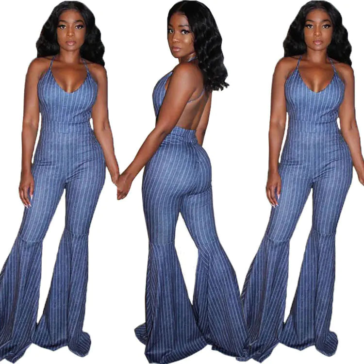 Sexy Striped Flare Print Jumpsuit