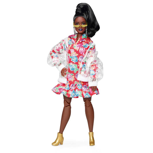 Barbie BMR1959 Fully Poseable Curvy Fashion Doll Brunette in Clear Vinyl Bomber Jacket and Floral Hoodie Dress with Accessories and Doll Stand