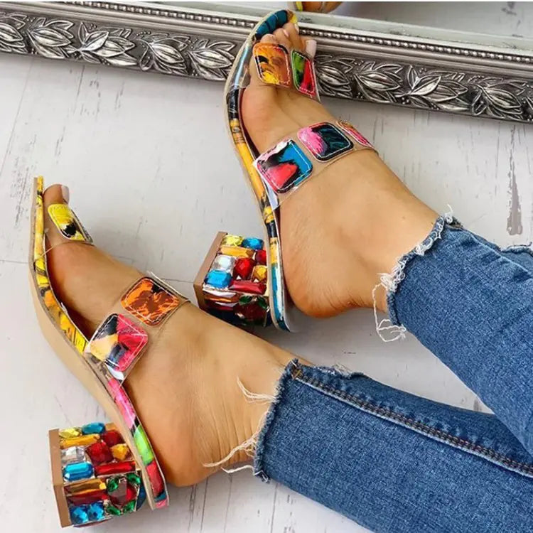 Rhinestone Chunky Heel Women's Sandals and Slippers