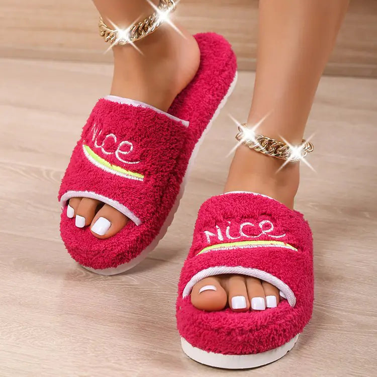 Furry Peep Toe House Slippers for Women Winter