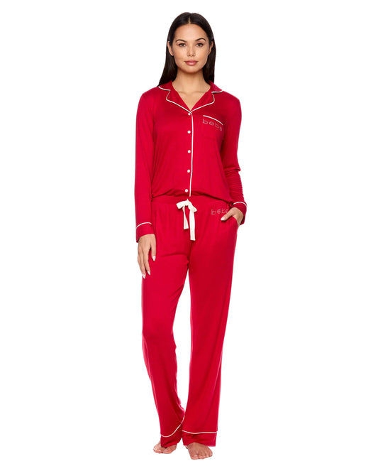 Womens Button down Long Sleeve Shirt and Pajama Pants Lounge Sleep Set (Cabernet Small)