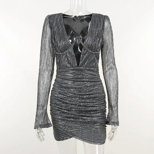 Deep V-neck Pleated Sheath Dress with Shoulder Pads