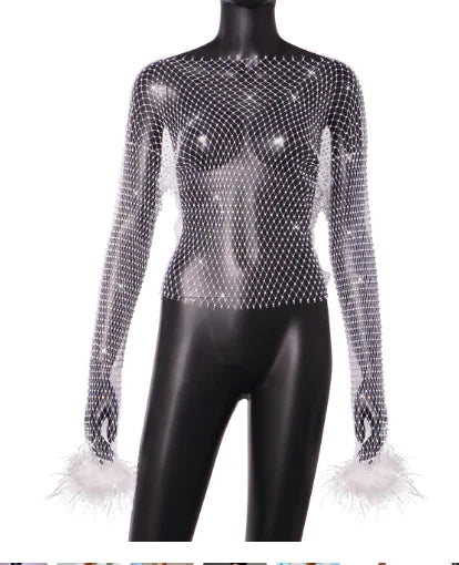Rhinestone Mesh Hollow Out Long Sleeve Women's Top