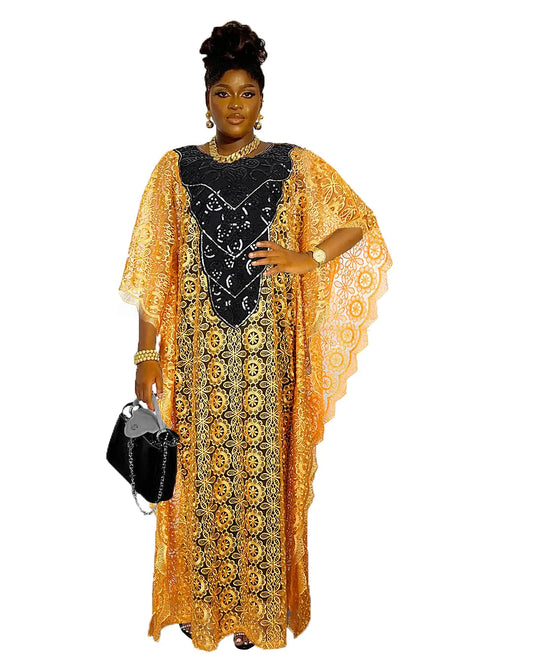 Yellow Lace Dress Womans Black Sequin V Neck Party Kaftan Gown Plus Size Dress