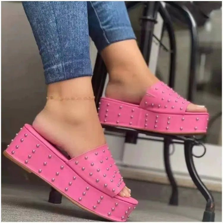 Women’s High Heel Rivet Peep-Toe Beach Slippers