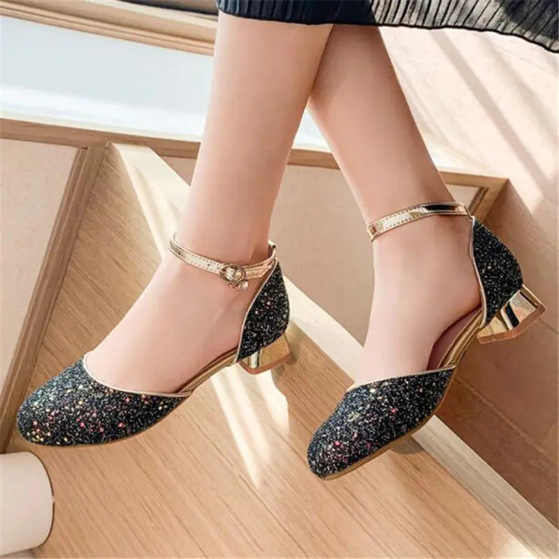 Girls' Black Leather Crystal High Heels Dress Shoes