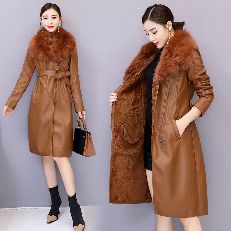 Faux Fur Collar PU Leather Jacket for Women