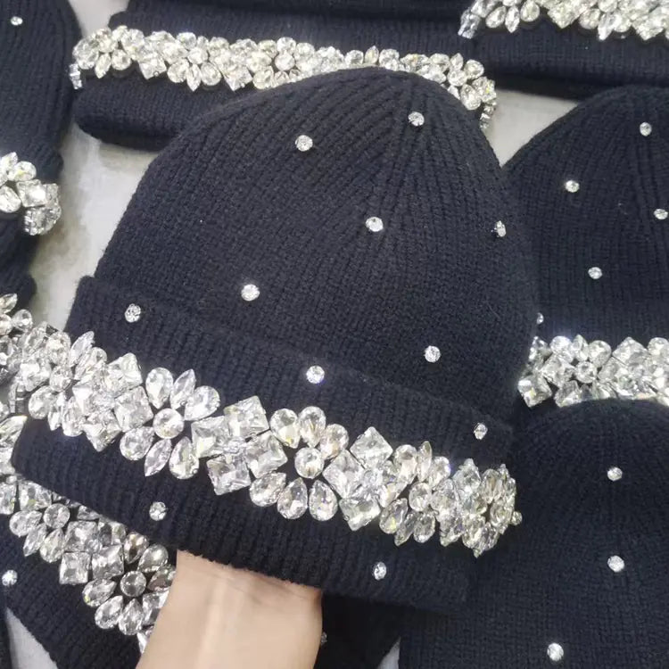 Japanese Style Hand-Stitched Rhinestone Knit Beanie