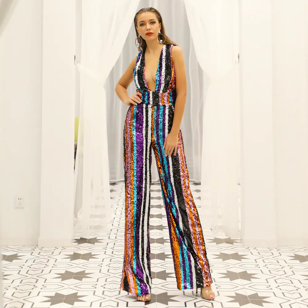 Sexy Deep V Striped Sequin Backless Jumpsuit