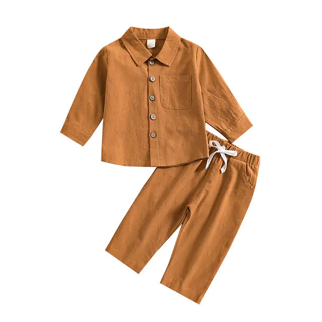 Boys' Cotton Linen Standing Collar Casual Outfit Set