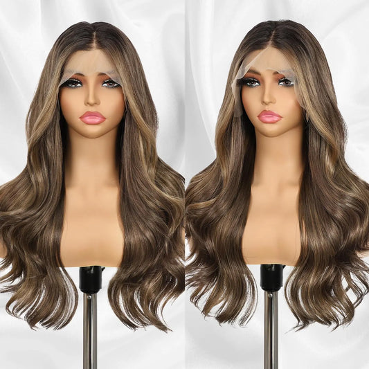 Brown Lace Front Wig 13x4 Pre Plucked Synthetic Lace Front Wig Highlight Body Wave Lace Frontal Wigs for Women Heat Resistant Hair 22 inch Ready to Wear Wavy Wigs